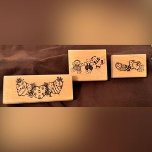 VINTAGE D.O.T.S. Wood-Mounted Rubber Stamps – Set of 3 Kids & Hearts 1989